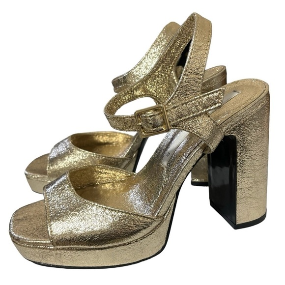 Zara Gold Shimmer Metallic Platform Open Toe Ankle Strap Heel Sandals Size 6.5 - Picture 1 of 10
